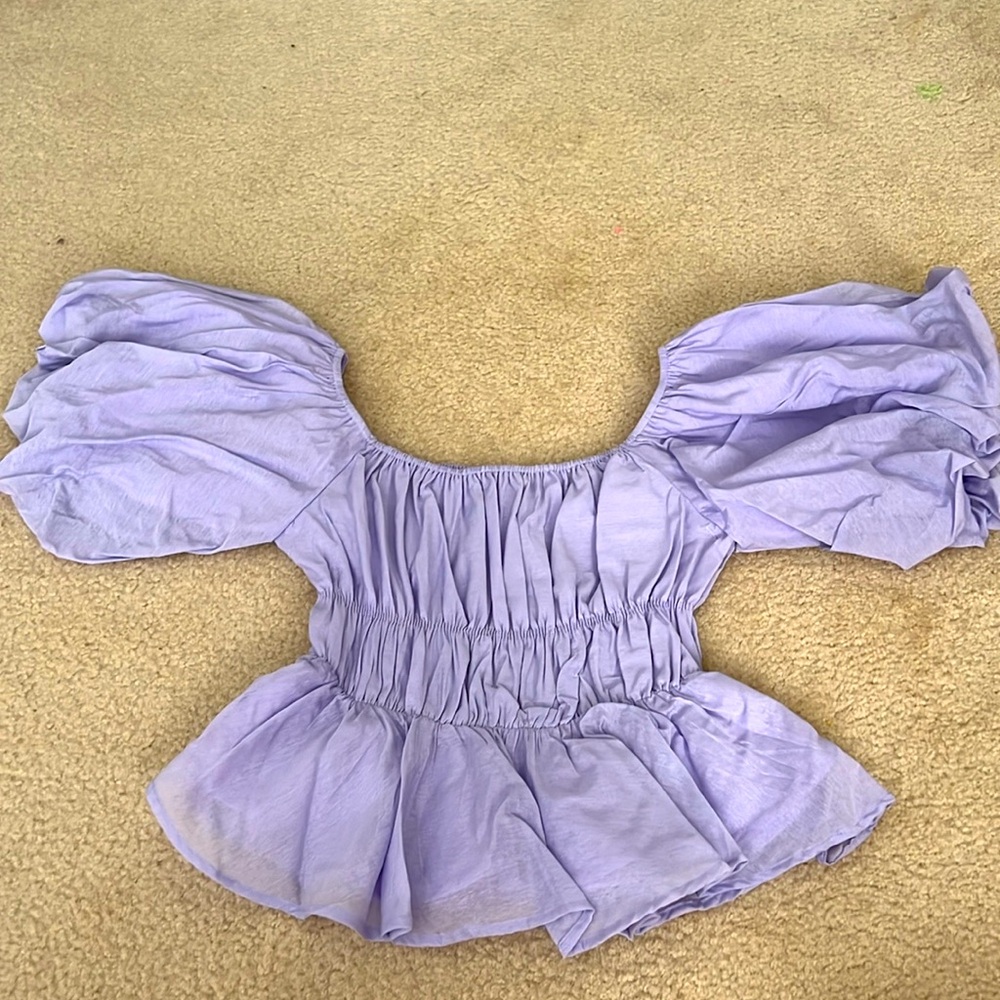 Altar’d State Bubble Puff Sleeves Lavender Purple Ruched Ruffled Fit Flare Top